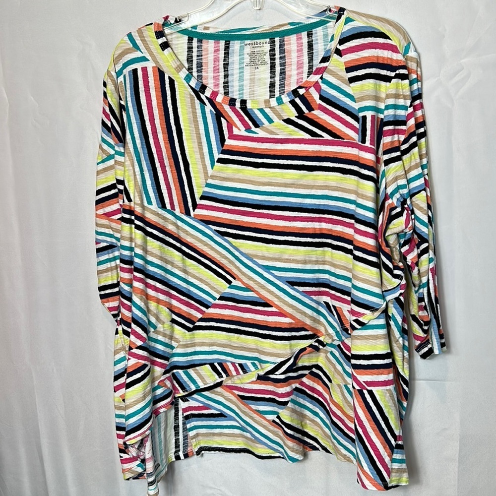 Westbound Woman Size 3x Multicolor Stripe Top Angled Ruffle Front short sleeve